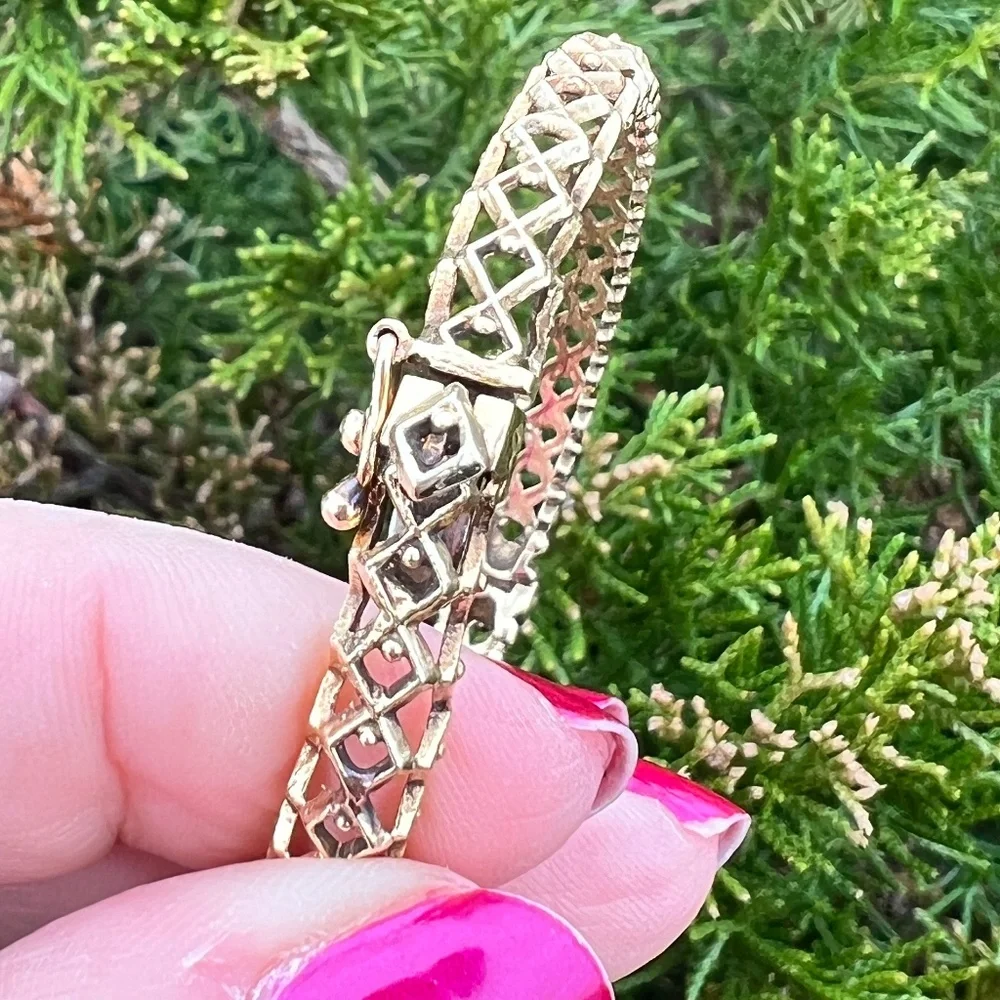 VINTAGE 14K YELLOW GOLD GARNET FILIGREE DESIGN BANGLE BRACELET CUSTOM UNIQUE - Picture 10 of 16